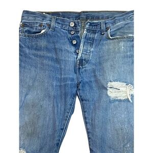Levis 501 Jeans Mens 29x32 Blue Dark Wash Straight Leg Button Fly Distressed